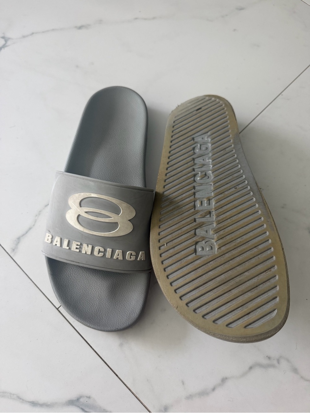 Balenciaga Men’s Gray Logo Slide Sandals with Metallic Accents